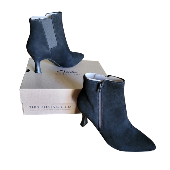 Clarks Shoes - Clarks Womens Kataleyna Glow Ankle Boot  - Black Suede Kitten Heal NWT Sz 7W